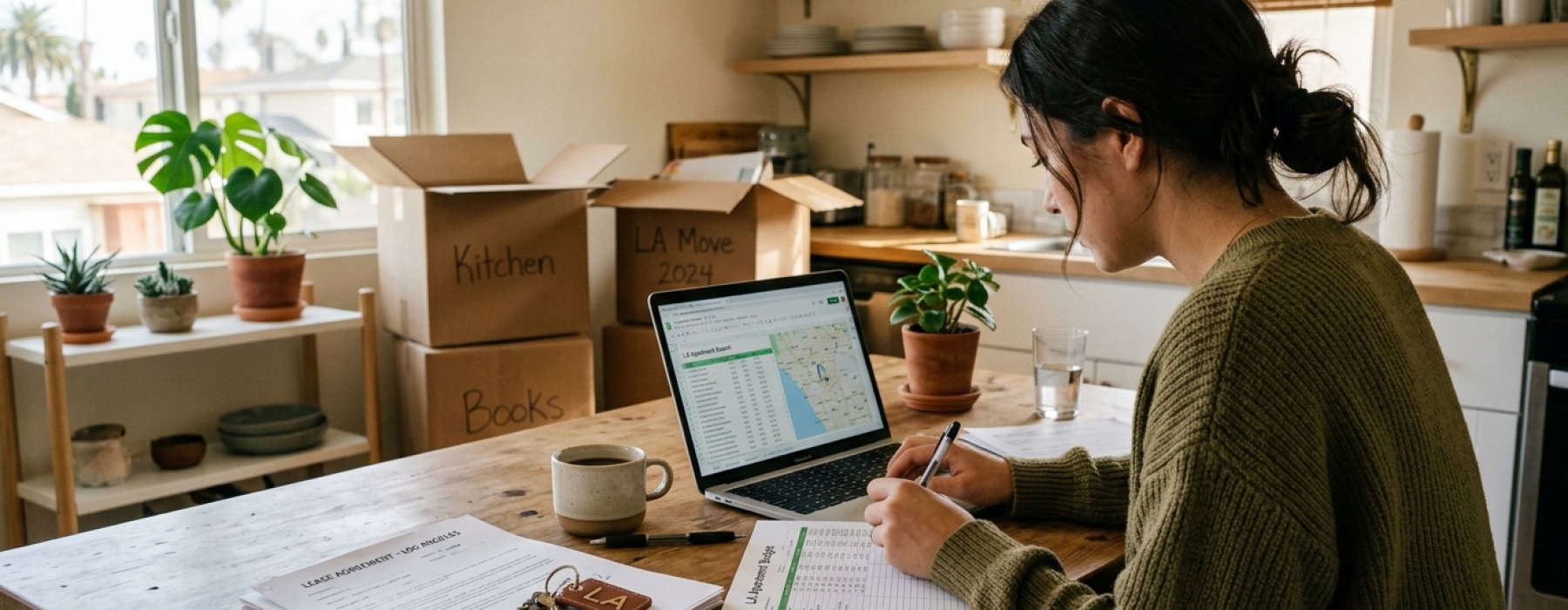 Renter reviewing a Los Angeles apartment budget before moving.