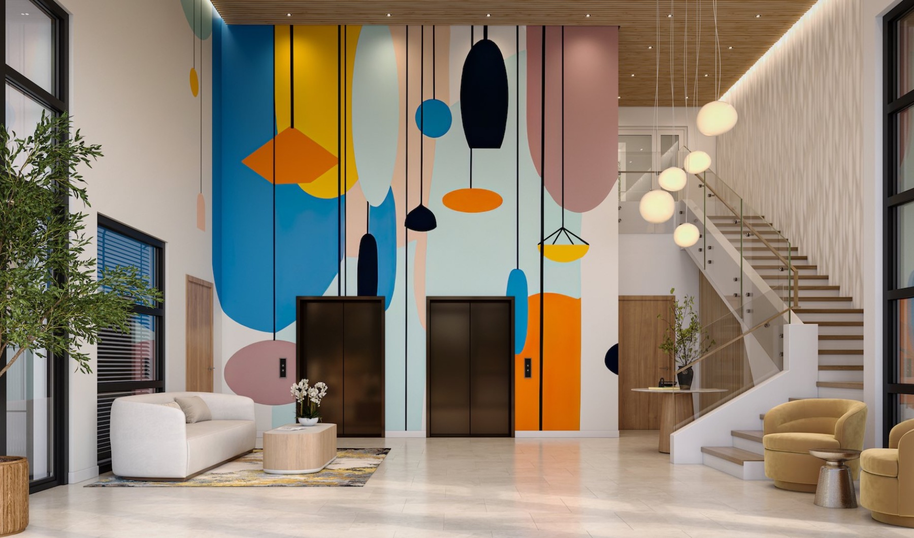 lobby with seating stairwell and large mural