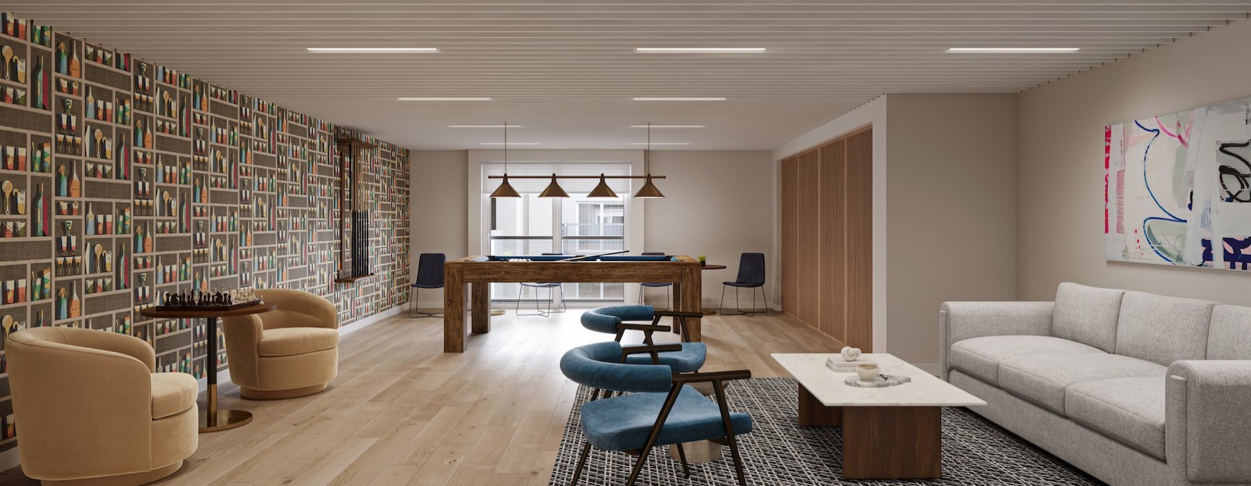 lounge with seating tables and a pool table
