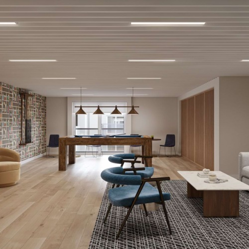 Exclusive Resident Lounge with Games and Coworking Spaces Resident lounge with modern seating, games, and coworking spaces at Pendant on Topanga.