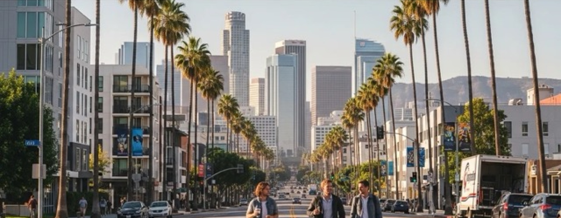 Banner image of Los Angeles skyline with palm trees, apartments, and a moving truck symbolizing saving money before renting in LA.