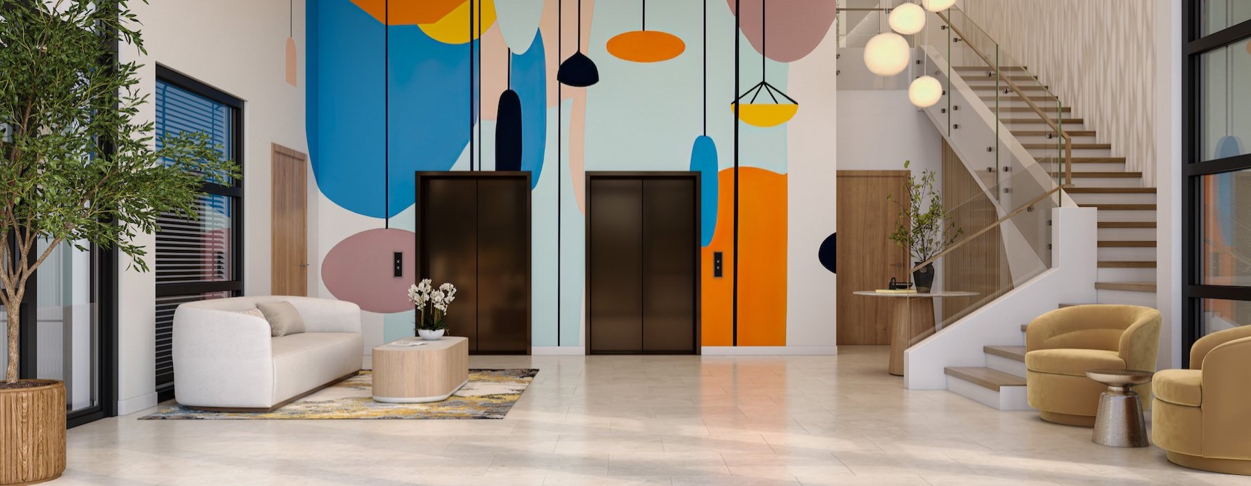 Modern clubhouse near Warner Center with colorful mural, natural lighting, and stylish resident lounge seating