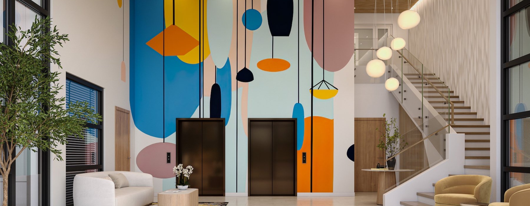 Modern clubhouse near Warner Center with colorful mural, natural lighting, and stylish resident lounge seating