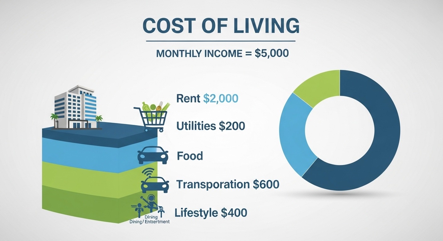 Infographic snapshot showing monthly income vs. expenses for living in Los Angeles on a K salary in 2025
