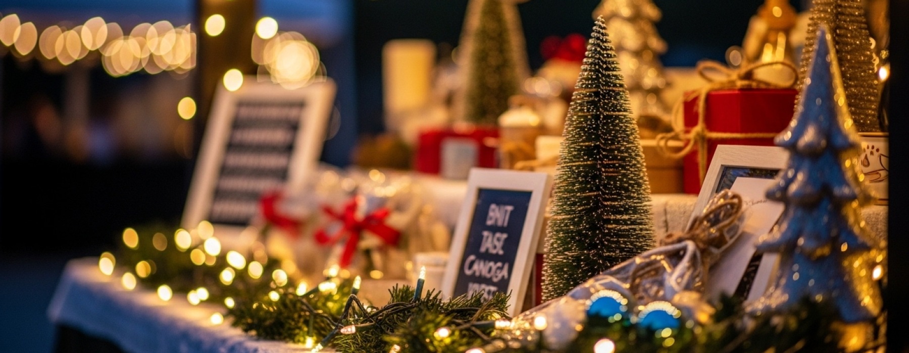 Festive holiday market lights and décor near Warner Center in Los Angeles, featuring seasonal stalls and warm December ambiance