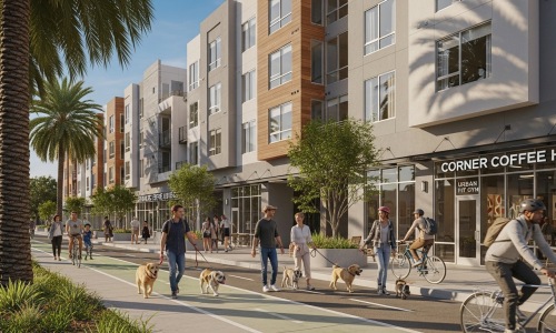Street view of modern Los Angeles apartments with renters and palm trees, symbolizing daily life on a $50K salary in 2025