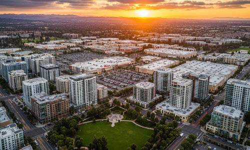 Panoramic view of Los Angeles skyline at sunset with palm trees and Hollywood Hills.