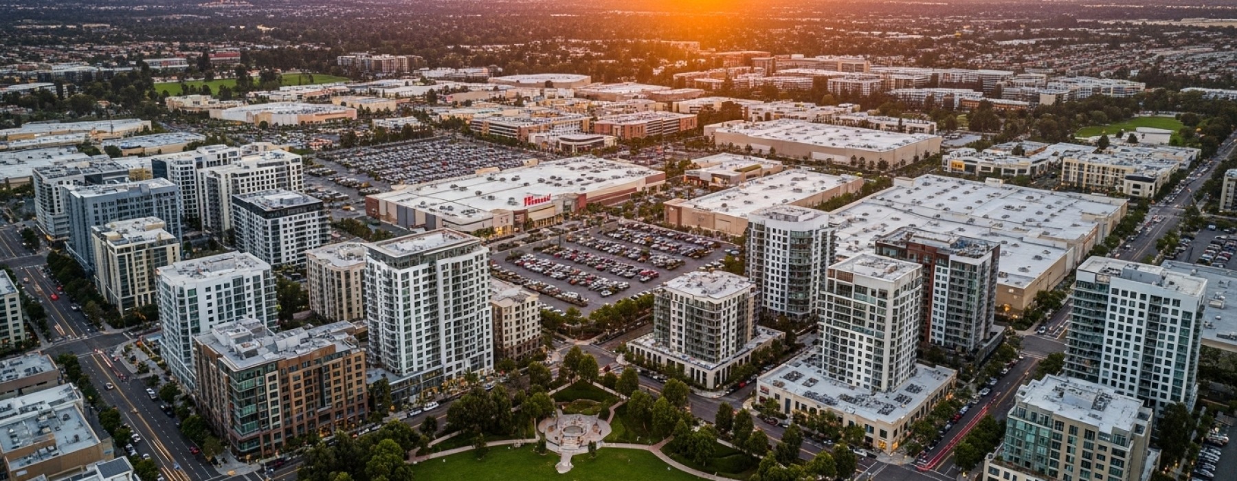 Panoramic view of Los Angeles skyline at sunset with palm trees and Hollywood Hills.