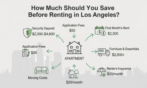 Infographic showing savings breakdown before renting in Los Angeles, including deposit, rent, fees, moving costs, and furniture.