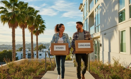 Couple carrying moving boxes into a modern Warner Center apartment with palm trees and LA skyline in the background.