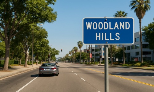 Street sign for Woodland Hills, Los Angeles, with a wide boulevard, palm trees, and office buildings in the background.
