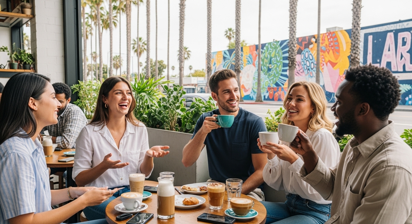 Young professionals enjoying coffee at an outdoor café in Los Angeles with palm trees and murals in the background.