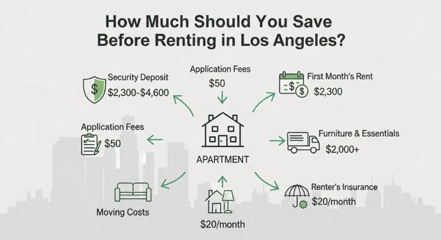 Infographic showing savings breakdown before renting in Los Angeles, including deposit, rent, fees, moving costs, and furniture.