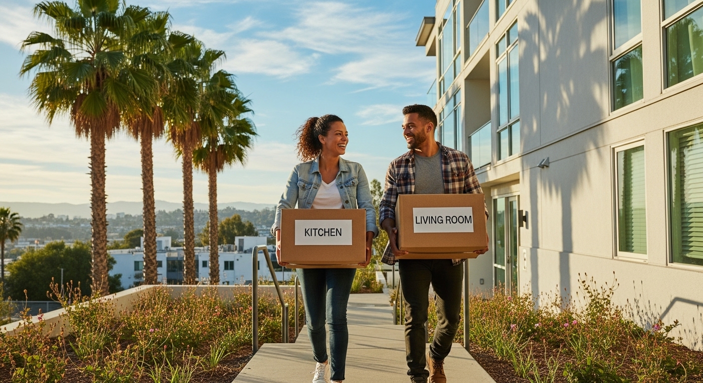 Couple carrying moving boxes into a modern Warner Center apartment with palm trees and LA skyline in the background.