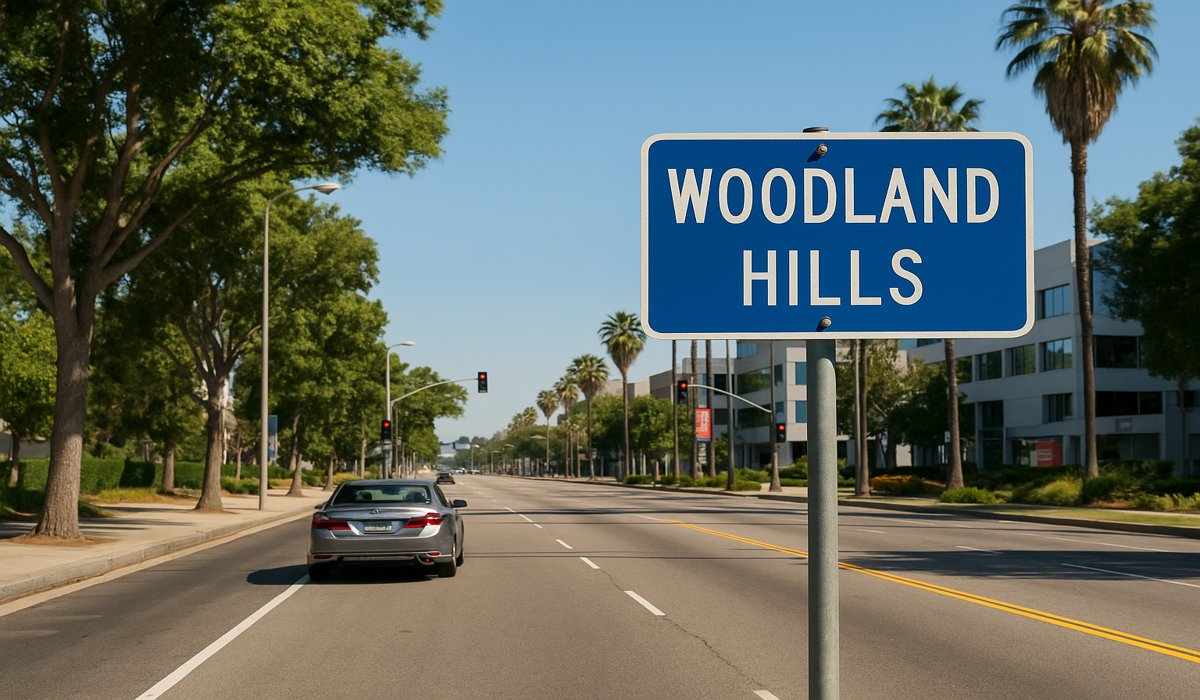 Street sign for Woodland Hills, Los Angeles, with a wide boulevard, palm trees, and office buildings in the background. Street sign for Woodland Hills, Los Angeles, with a wide boulevard, palm trees, and office buildings in the background.